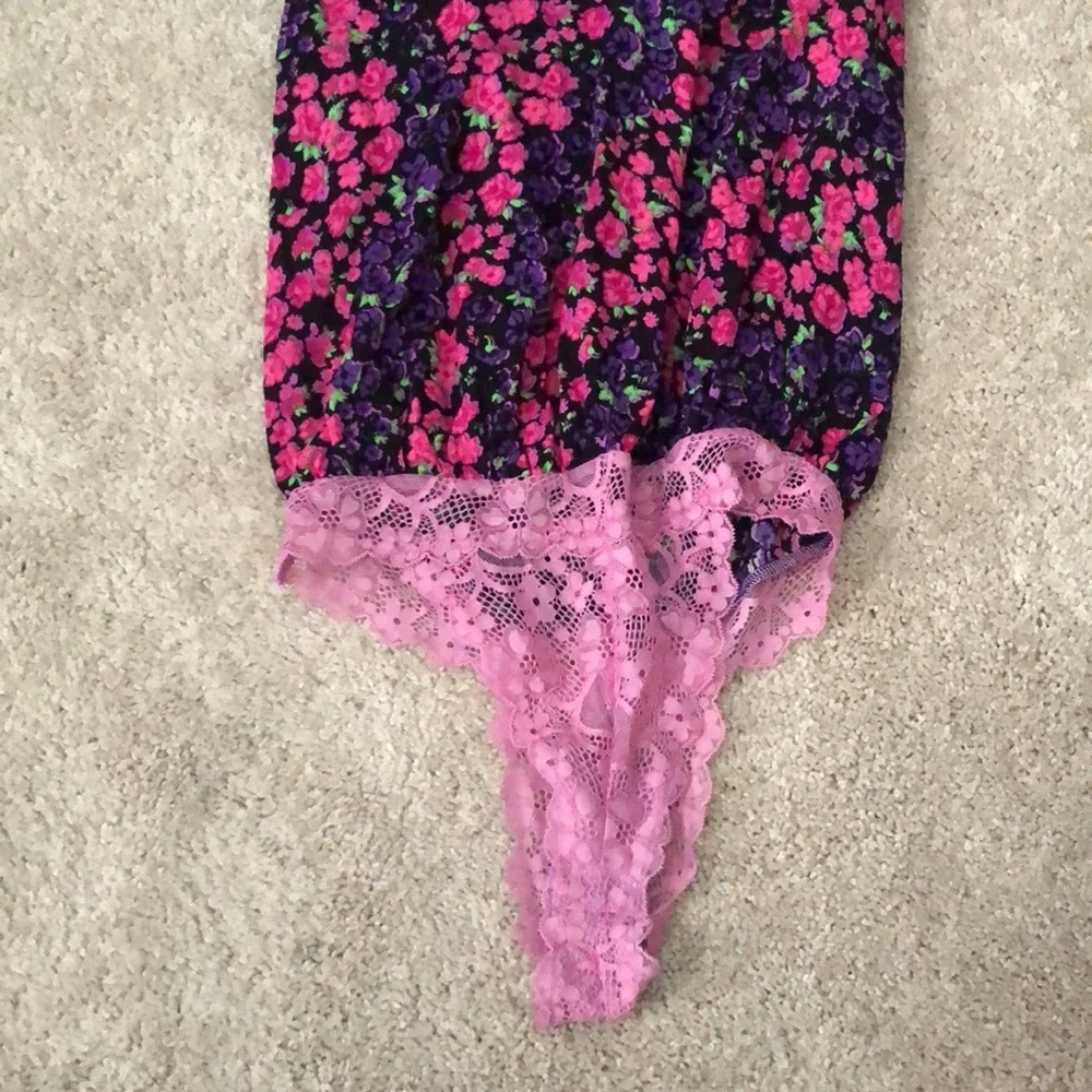 Free People Bare It All Bodysuit Floral Boho Purple Pink Party Blouse XS